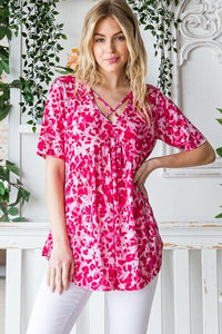 Plus Size Animal Print Babydoll Top – Crisscross Neck Short Sleeve Blouse for Women