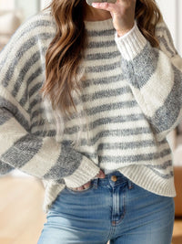 Striped Round Neck Dropped Shoulder Sweater Trandify Deal