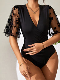 Women's Surplice Lace Flutter Sleeve Bodysuit – Sexy V-Neck Romper for Date Nights