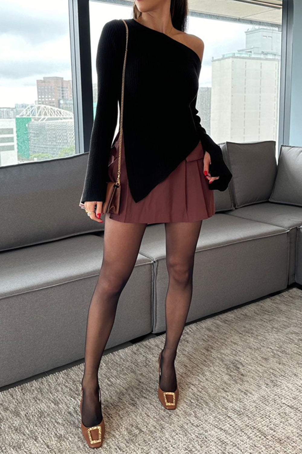 Asymmetric Hem Single Shoulder Sweater Trandify Deal