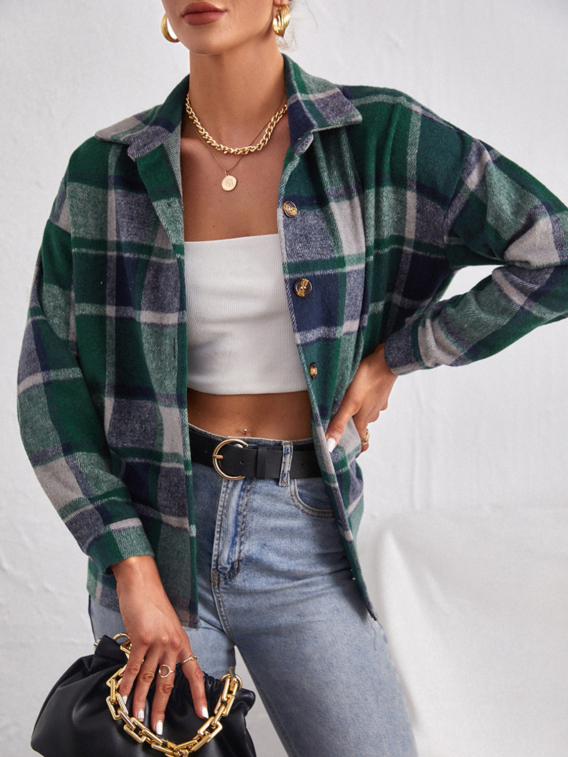 Plaid Collared Neck Button Down Jacket Trandify Deal