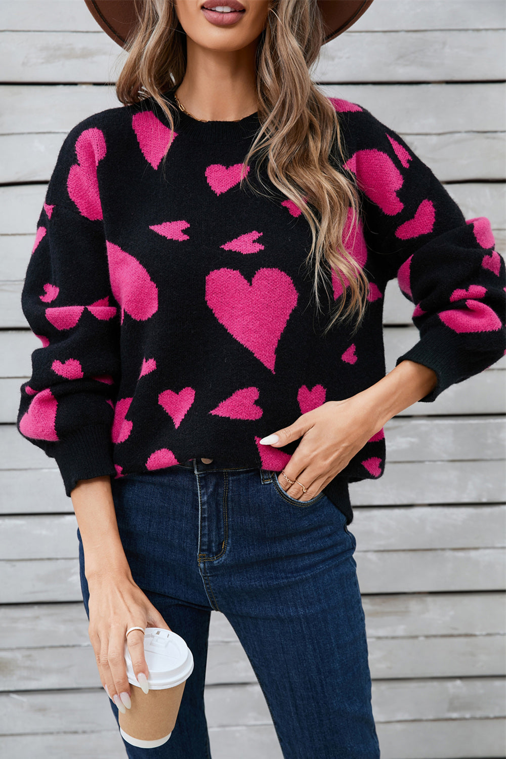 Angel Wings Heart Contrast Round Neck Long Sleeve Sweater Trandify Deal