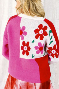 Flower Color Block Round Neck Sweater Trandify Deal