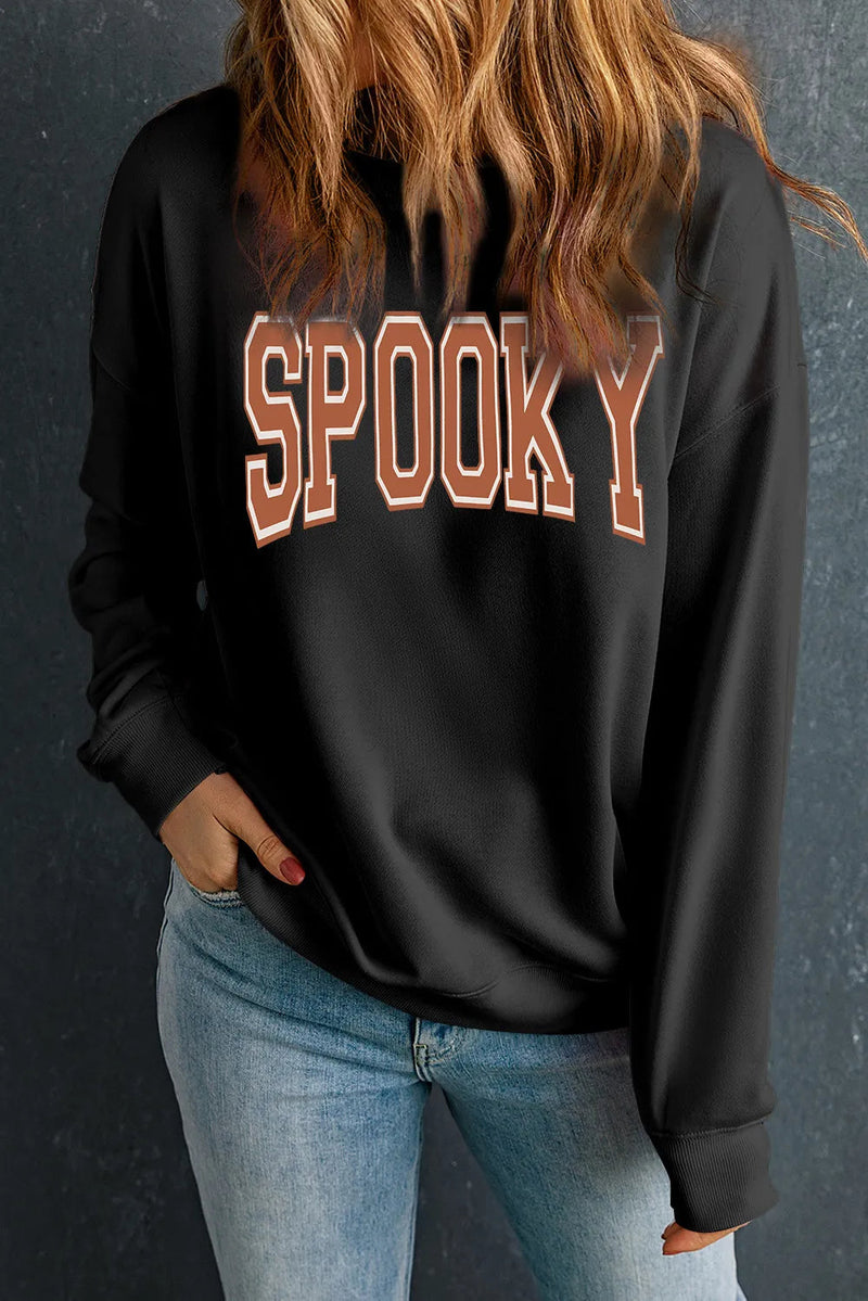 SPOOKY Round Neck Long Sleeve Sweatshirt Trandify Deal