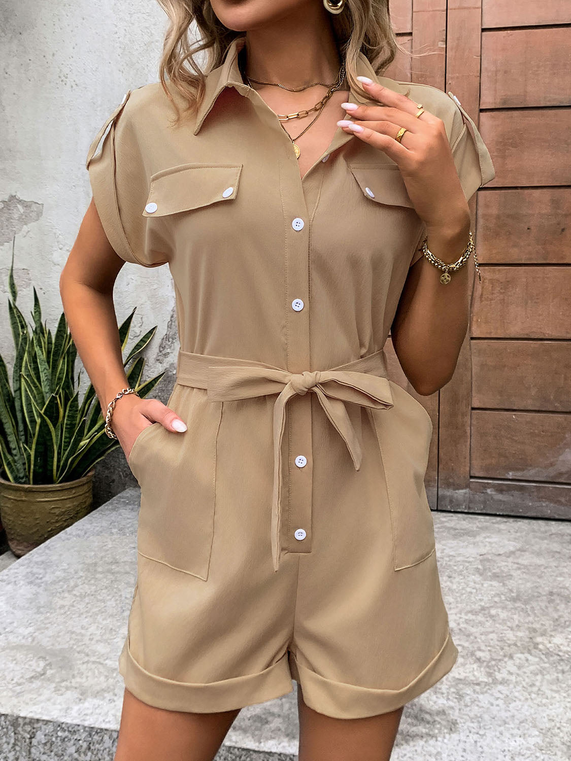 Collared Neck Tie Waist Romper with Pockets Trandify deal