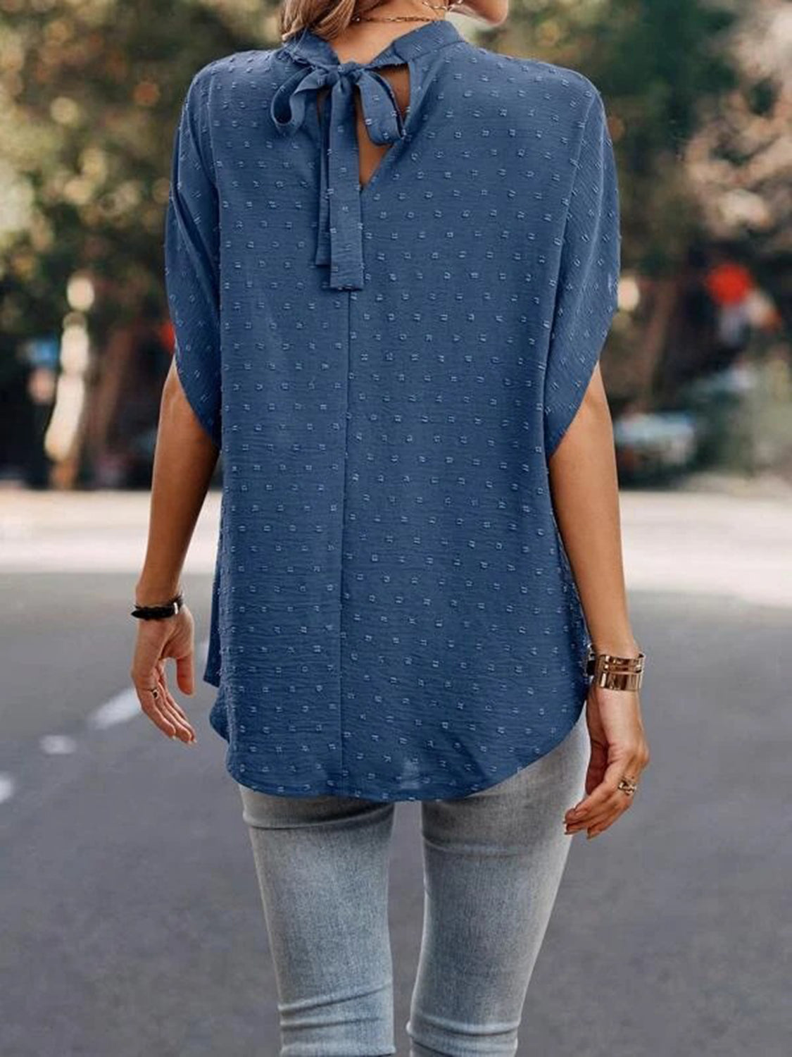 Swiss Dot Mock Neck Half Sleeve Blouse Trandify deal