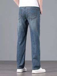 Men's straight fit jeans in a dark wash.