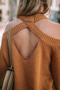Cutout Back Cold Shoulder Long Sleeve Sweater Trandify deal