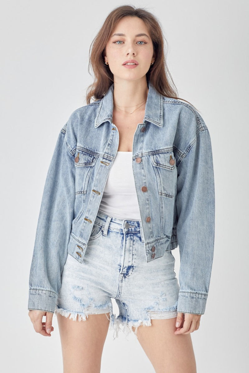 RISEN Full Size Button Down Cropped Denim Jacket Trandify deal