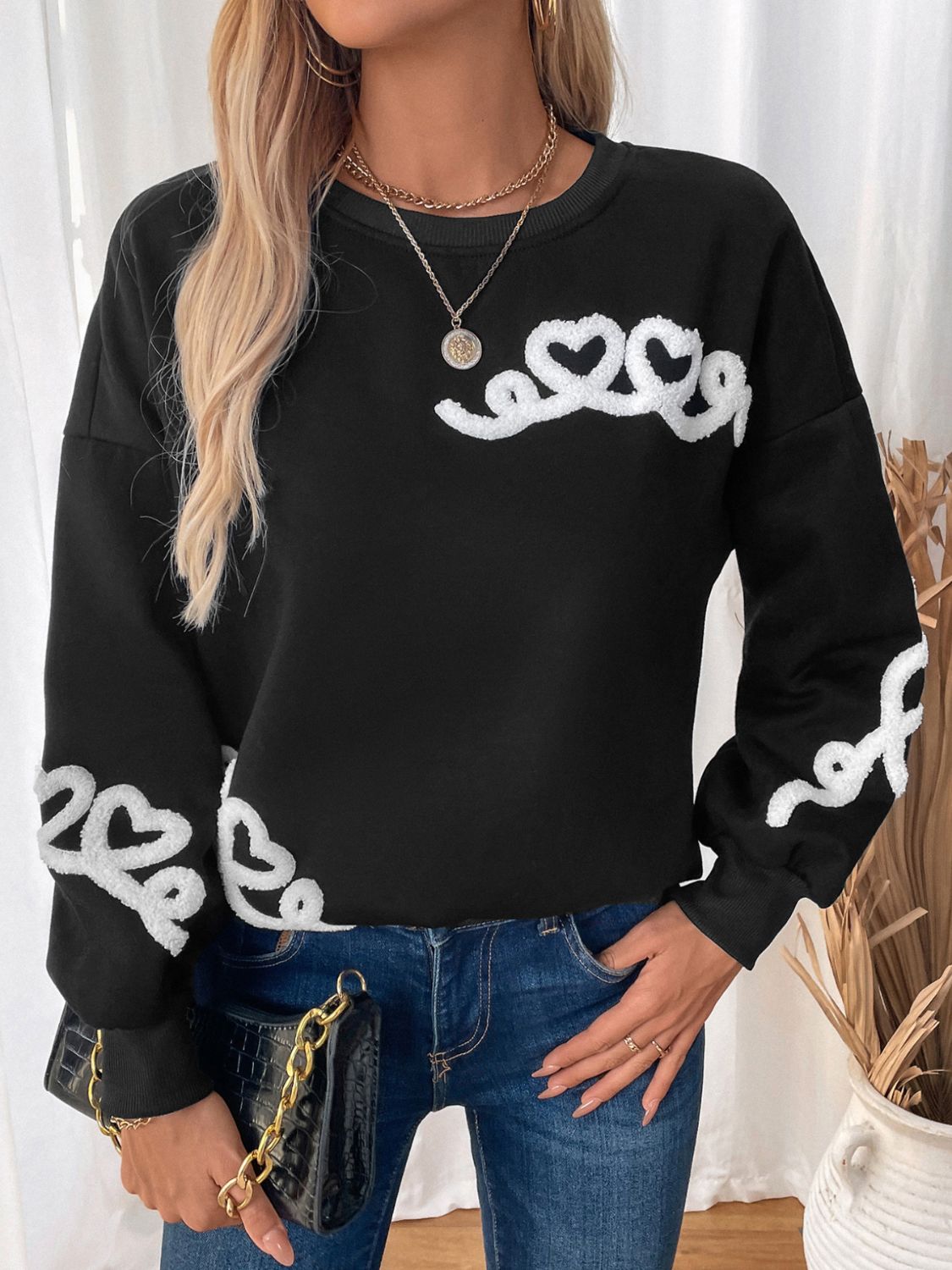 Perfee Heart Round Neck Long Sleeve Sweater Trandify Deal