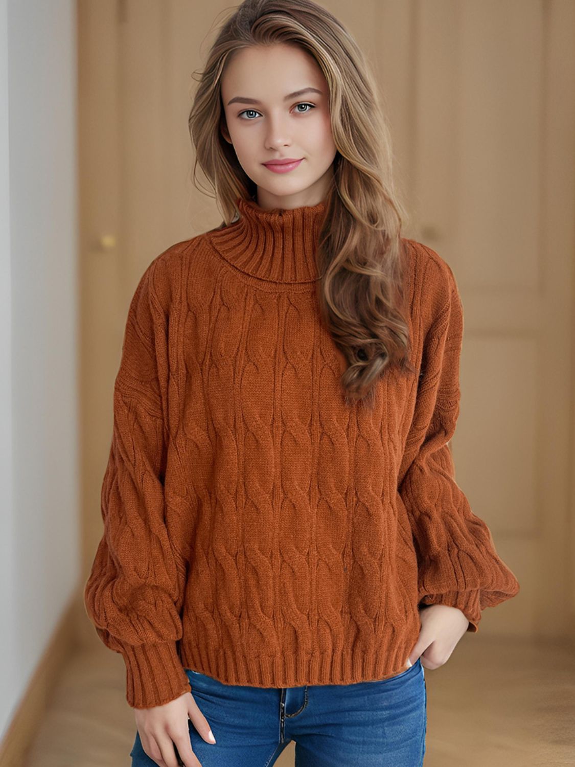 Cable-Knit Turtleneck Long Sleeve Sweater Trandify Deal