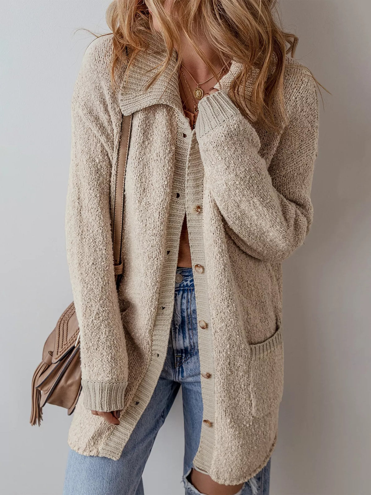 Women's Lightweight Button Up Cardigan with Pockets in beige