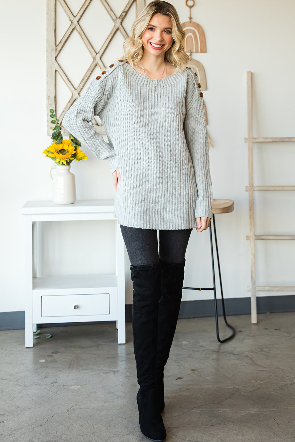 Side Slit Boat Neck Long Sleeve Sweater Trandify Deal