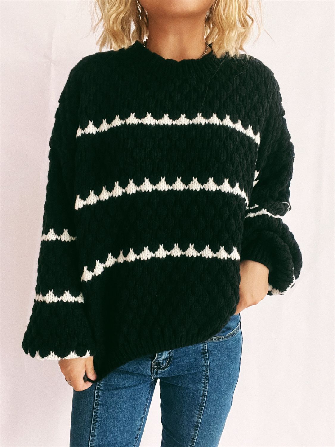 Contrast Stripes Round Neck Long Sleeve Sweater Trandify Deal