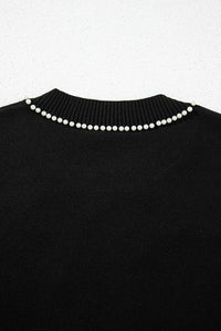 Pearl Bow Necklace Embellished Short Sleeve Knit Top