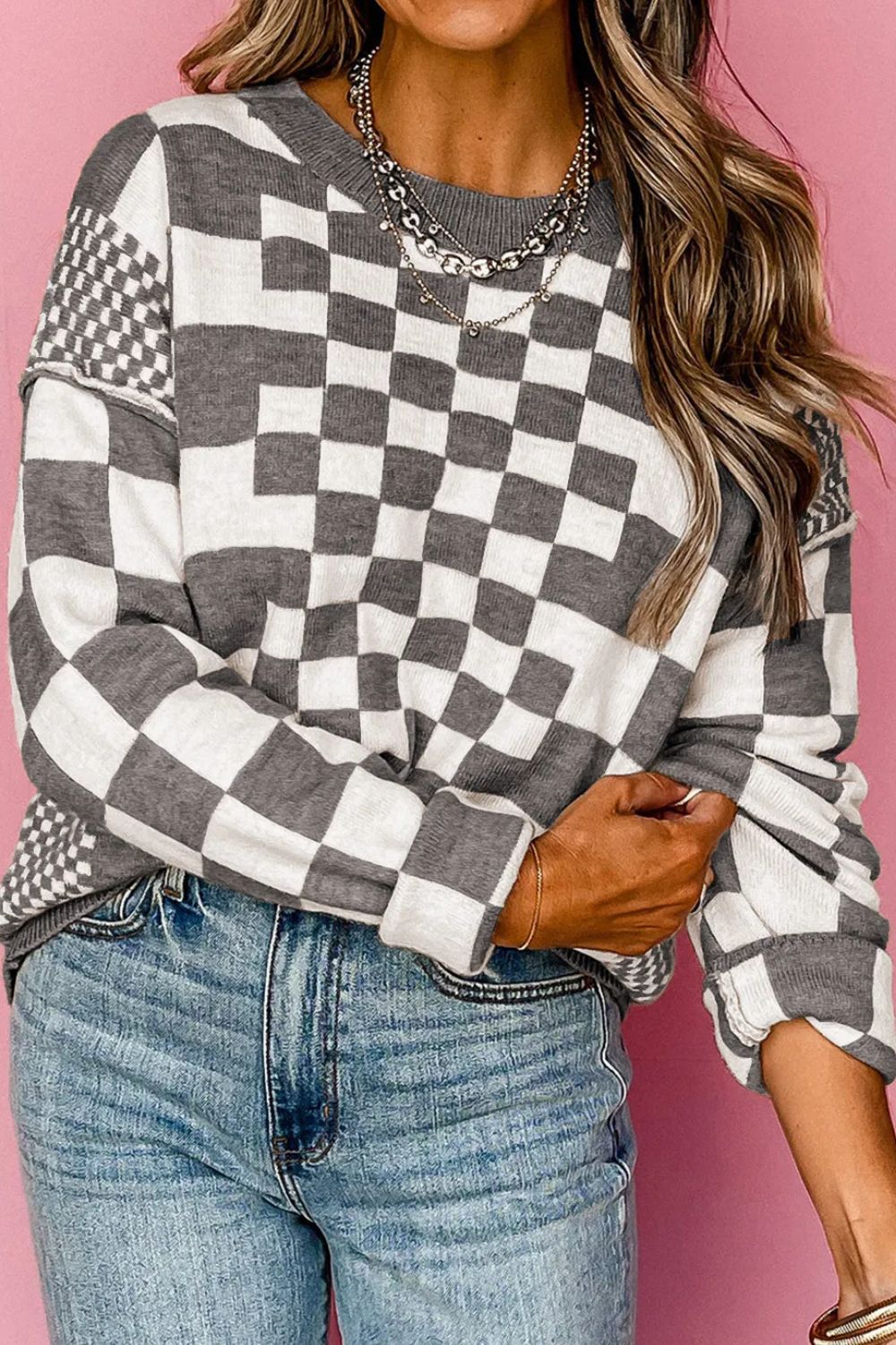Checkered Round Neck Long Sleeve Sweater - Trandify Deal