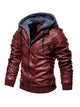 men's zip up hooded jacket in Wine, thick PU leather streetwear coat