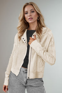 Double Take Waffle-Knit Zip Up Long Sleeve Hooded Jacket Trandify Deal