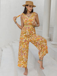 Printed V-Neck Tie Shoulder Jumpsuit Trandify deal