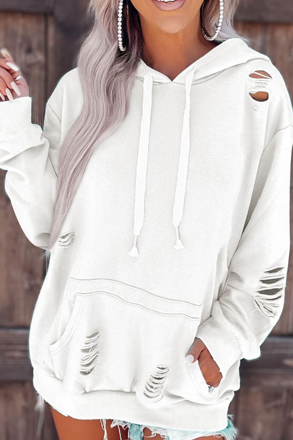 Distressed Drawstring Long Sleeve Hoodie Trandify deal