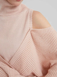 Oversized Cold Shoulder Sweater in Cream knit worn with denim jeans