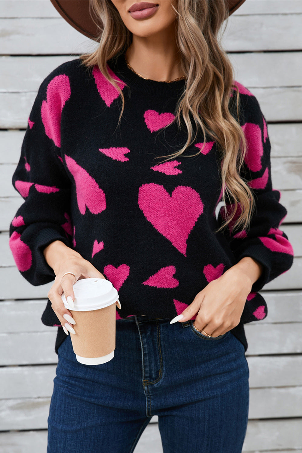 Angel Wings Heart Contrast Round Neck Long Sleeve Sweater Trandify Deal