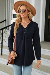 Decorative Button Drawstring Long Sleeve Hoodie Trendsi