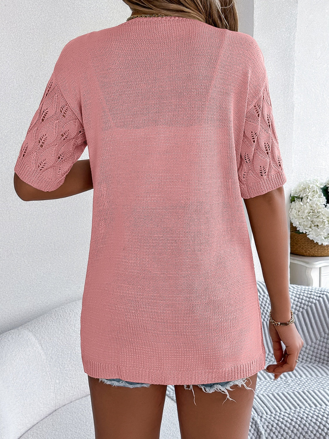 Openwork Open Front Short Sleeve Cardigan Trandify deal