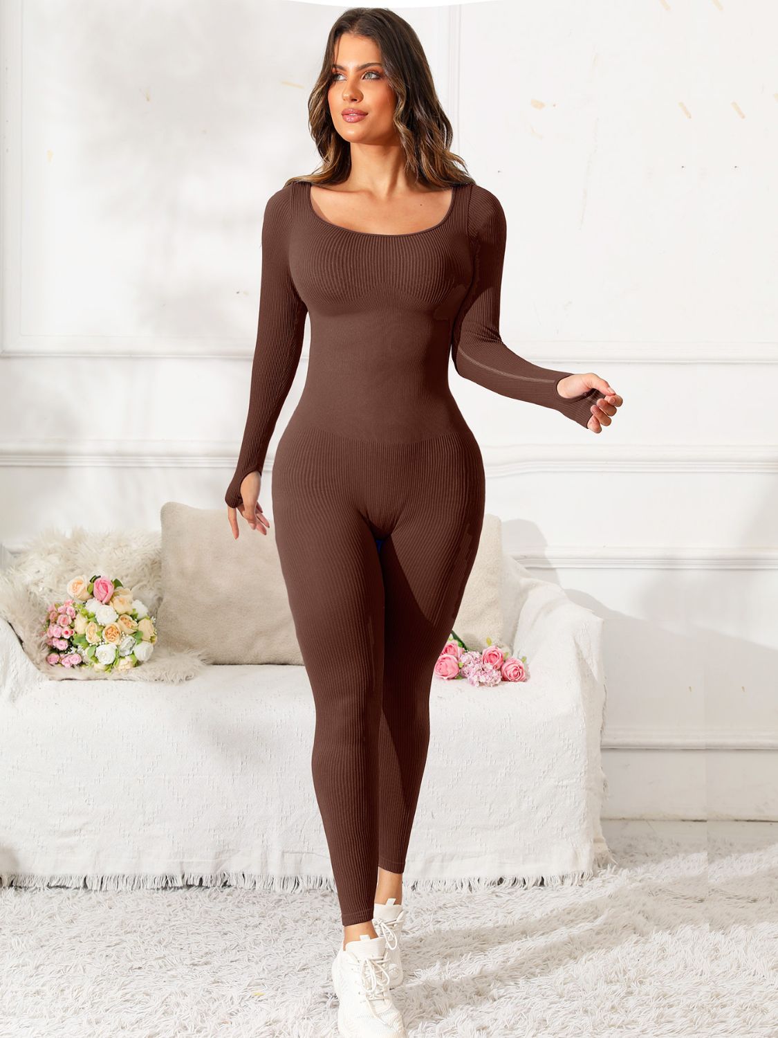Scoop Neck Long Sleeve Active Jumpsuit Trandify Deal