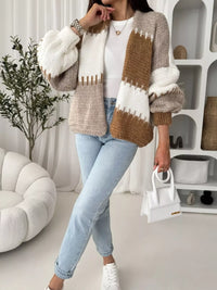 Color Block Open Front Cardigan - Basic Long Sleeve Polyester Top