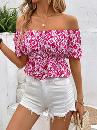 Perfee Peplum Printed Off-Shoulder Short Sleeve Blouse Trandify deal
