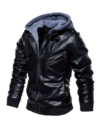 men's zip up hooded jacket in Black, thick PU leather streetwear coat