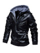 men's zip up hooded jacket in Black, thick PU leather streetwear coat