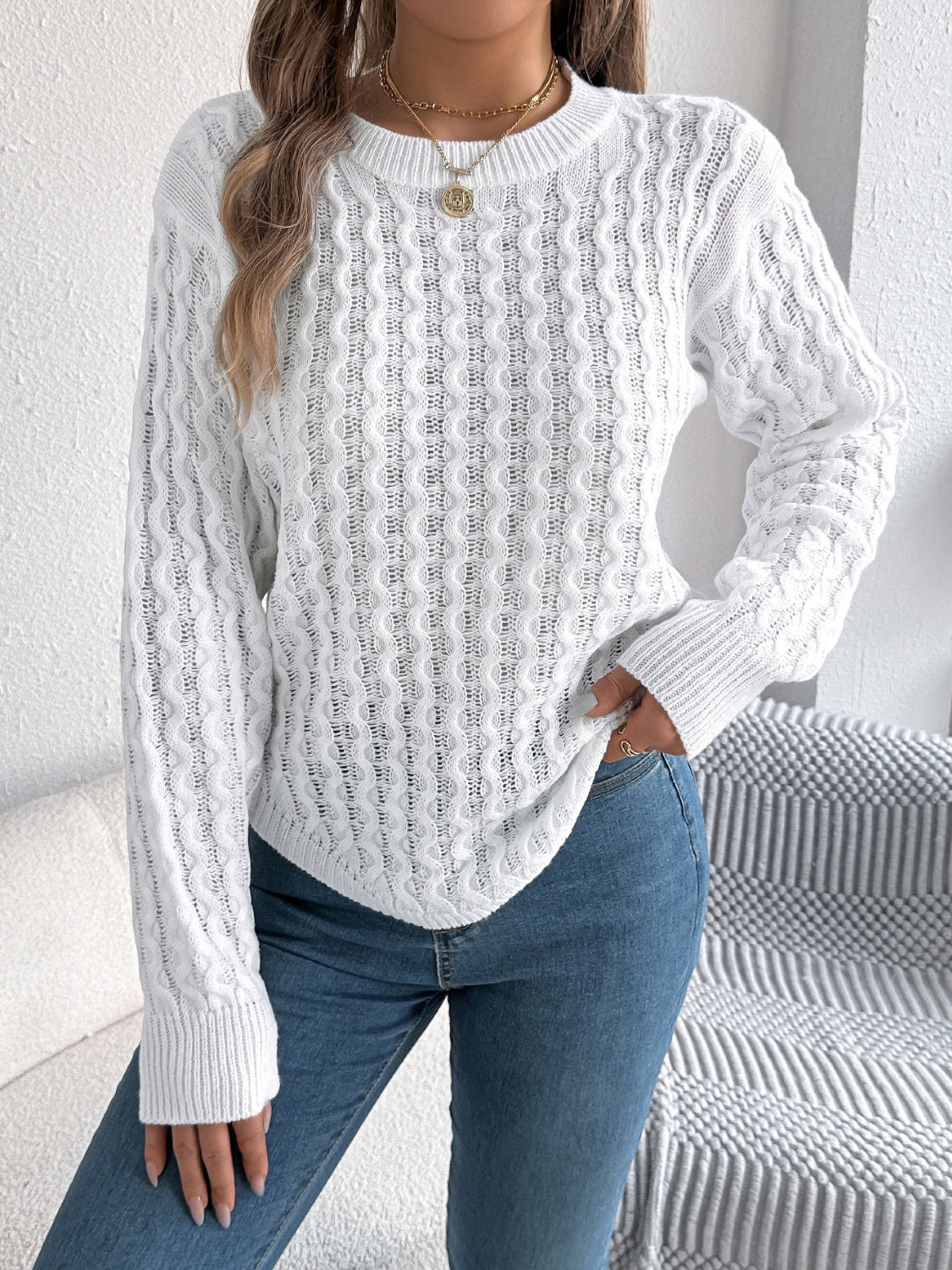 Asymmetric Hem Round Neck Long Sleeve Sweater Trandify Deal