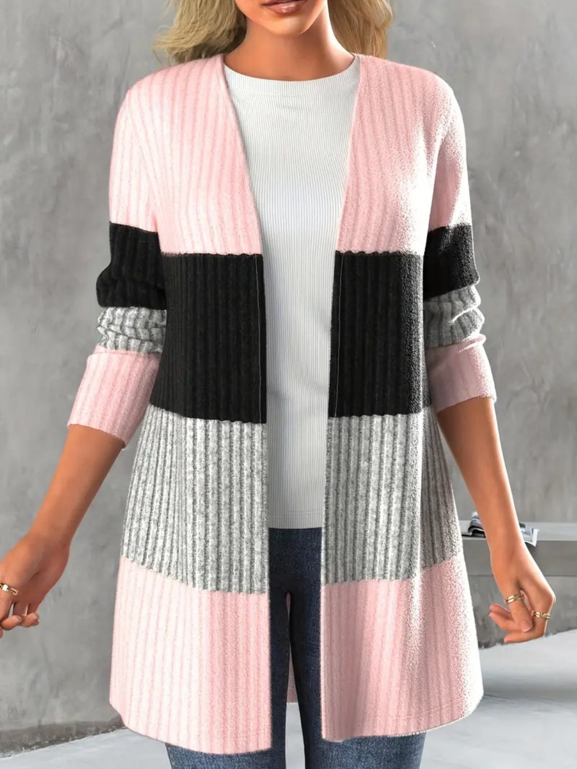 Color Block Open Front Long Sleeve Cardigan Trandify Deal