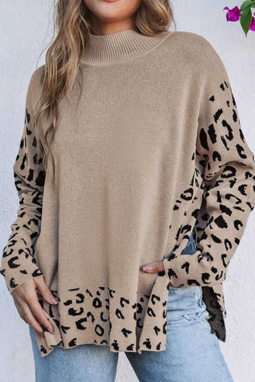 Slit Leopard Mock Neck Dropped Shoulder Sweater Trandify Deal