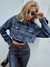 Women’s Light Blue Distressed Cropped Denim Jacket with Raw Hem – Vintage Boho Fashion