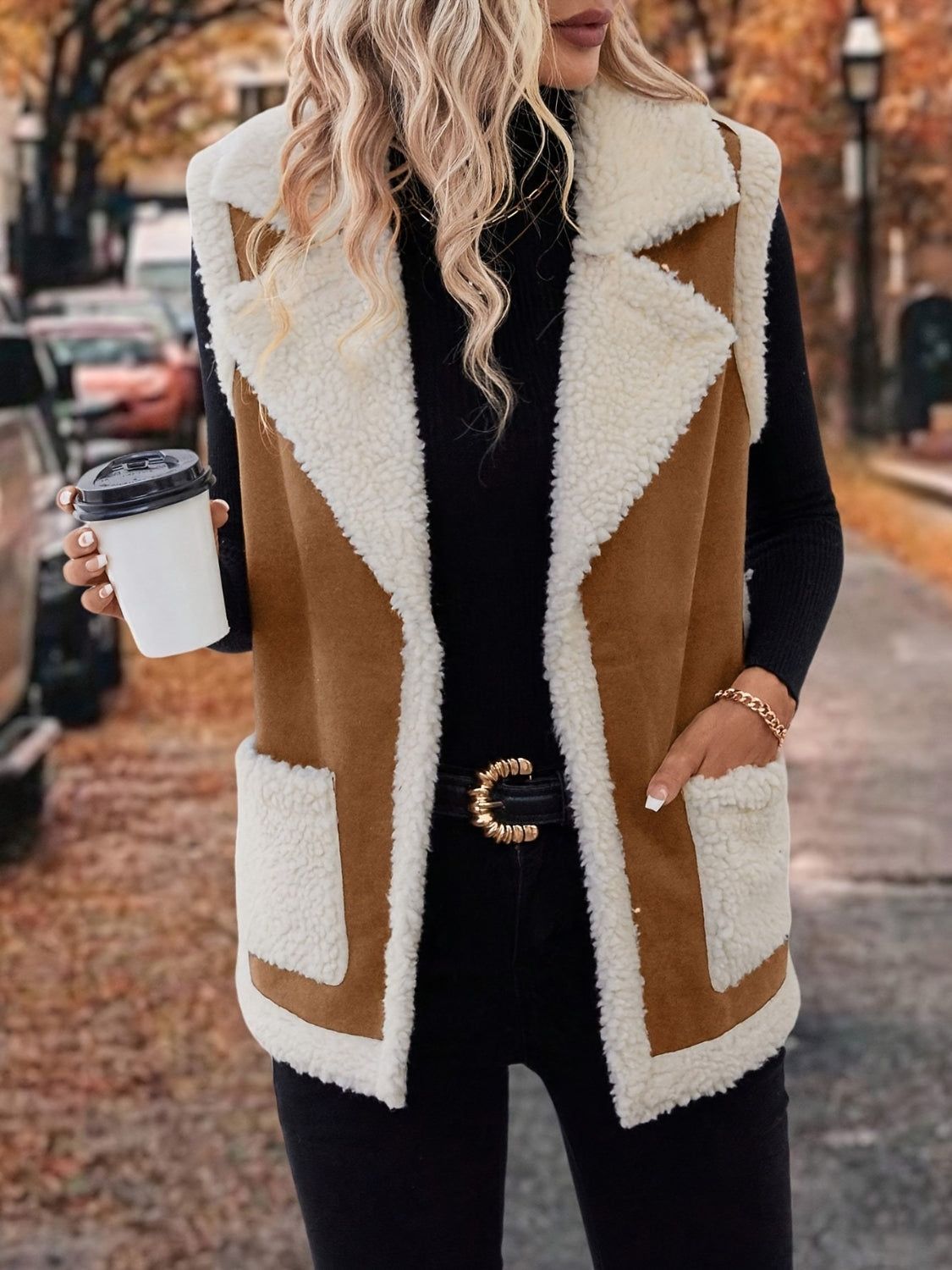 Full Size Contrast Open Front Sherpa Vest Coat Trandify deal