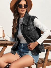 Collared Neck Sleeveless Denim Jacket Trandify deal