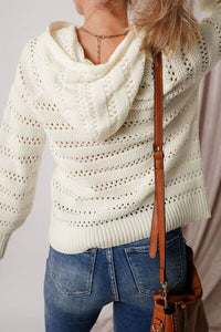 Women's lacy openwork knit hoodie with drawstring hood long sleeve sweater casual boho chic top for fall layering