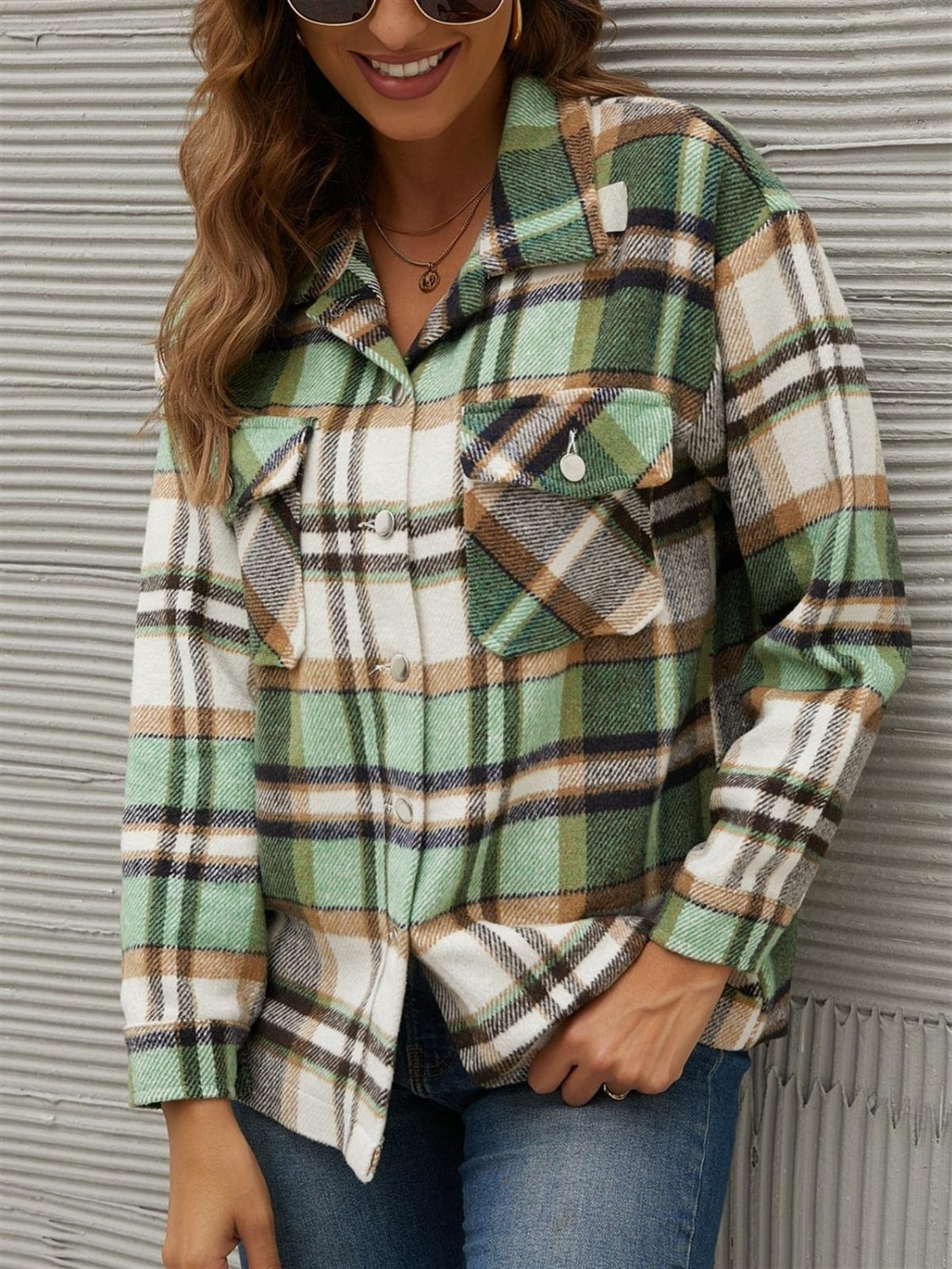Plaid Collared Neck Long Sleeve Jacket Trandify Deal