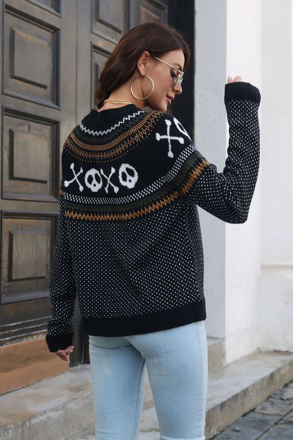 Ghost Pattern Round Neck Long Sleeve Sweater Trandify Deal