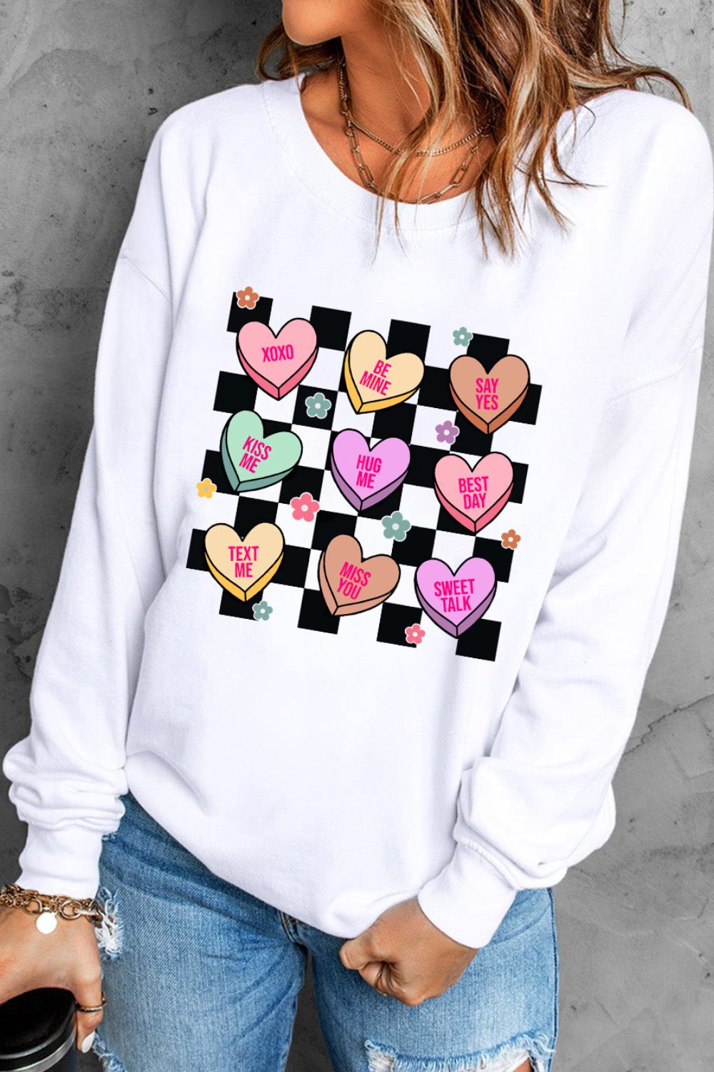 Valentine's Day Checkered Heart Long Sleeve Sweatshirt Trandify Deal