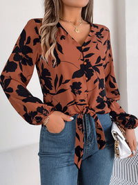 Printed V-Neck Long Sleeve Blouse Trandify deal