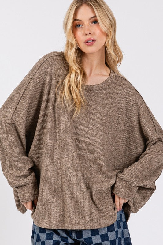 SAGE + FIG Round Neck Batwing Sleeve Oversize Top Trandify Deal