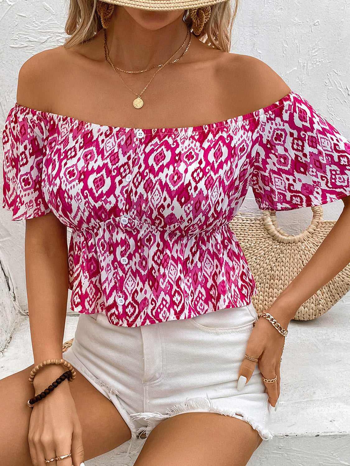 Perfee Peplum Printed Off-Shoulder Short Sleeve Blouse Trandify deal