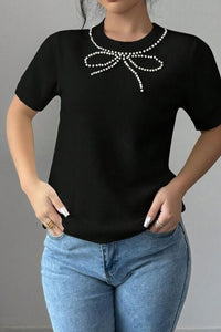 Pearl Bow Necklace Embellished Short Sleeve Knit Top