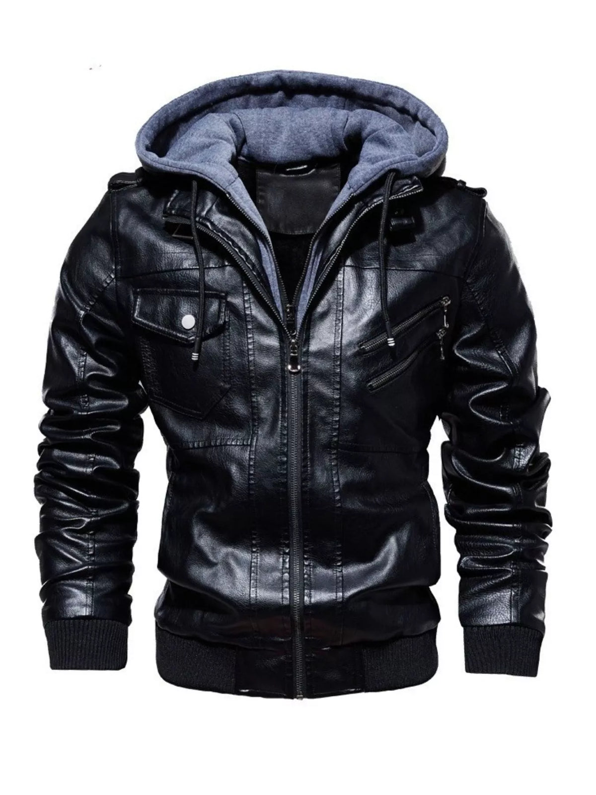 men's zip up hooded jacket in Black, thick PU leather streetwear coat