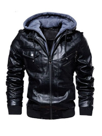 men's zip up hooded jacket in Black, thick PU leather streetwear coat