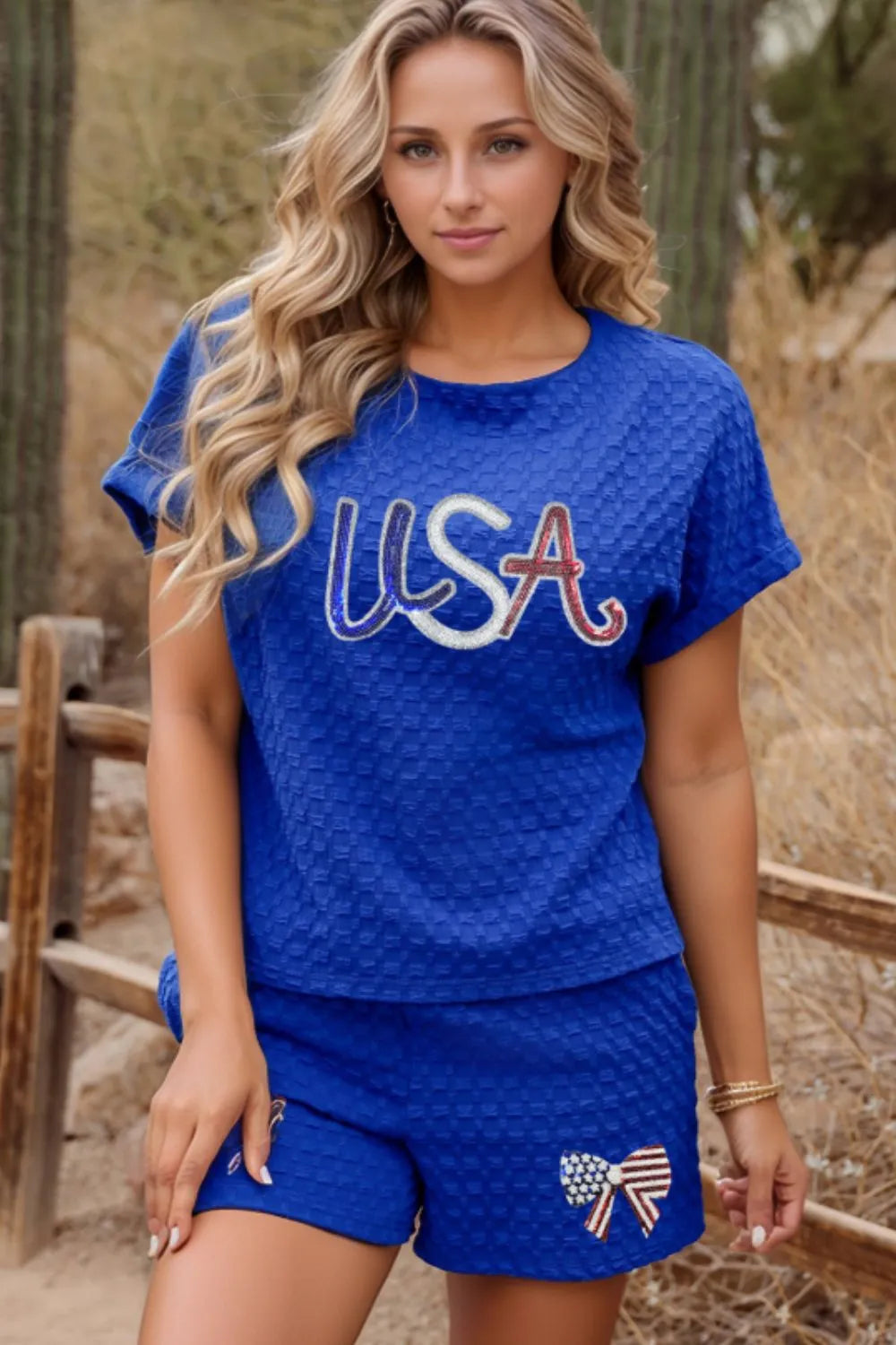 Sequined Top and Shorts Set with USA flag design and bowknot shorts detail, party wear.